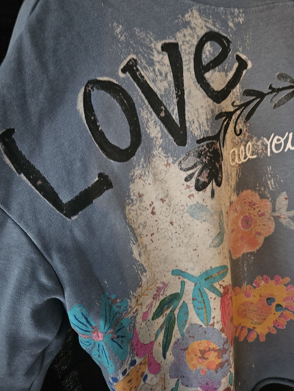 Natural Life Blue "All You Need Is Love" Crop Floral Hoodie Sweatshirt S - Picture 5 of 6